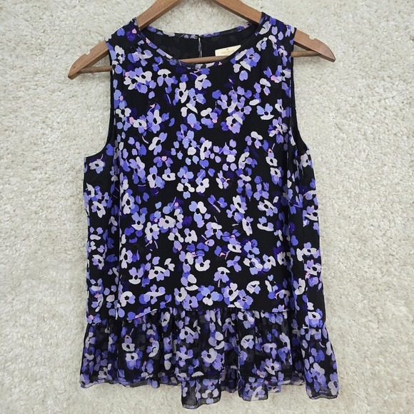 Kate Spade Top Womens Small Black Purple Hydrangea Floral Silk Sleeveless READ - Picture 1 of 9